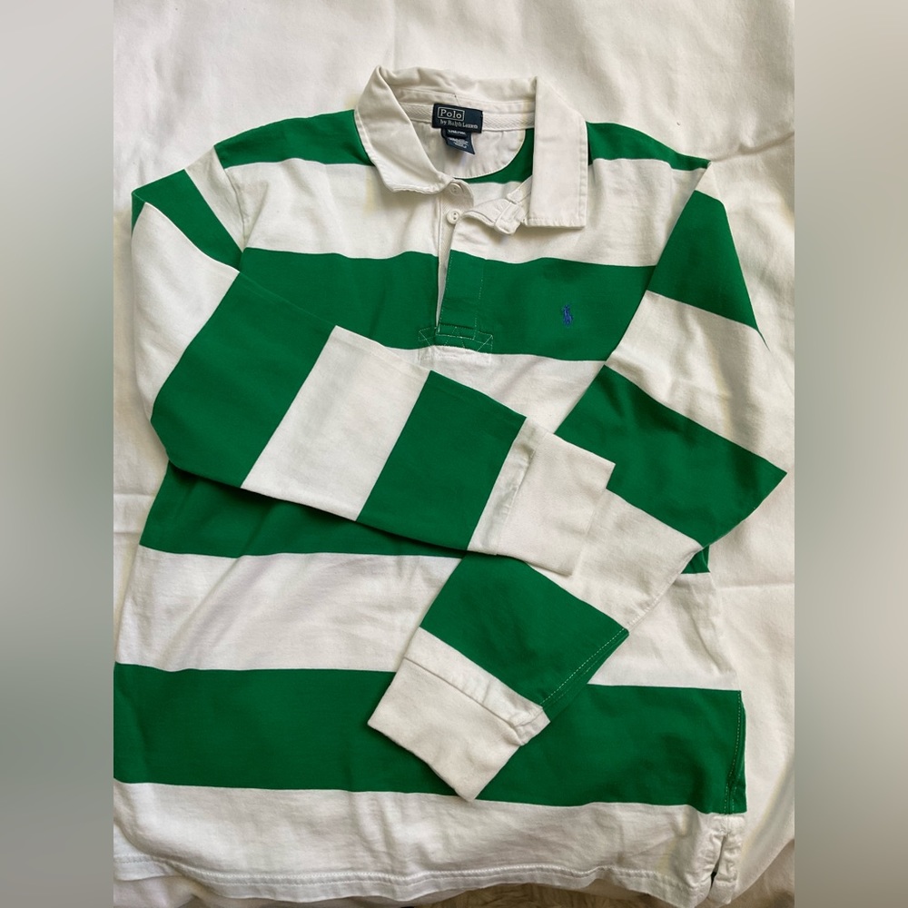 Green and White Stripped Boys Large (14-16) Polo Shirt